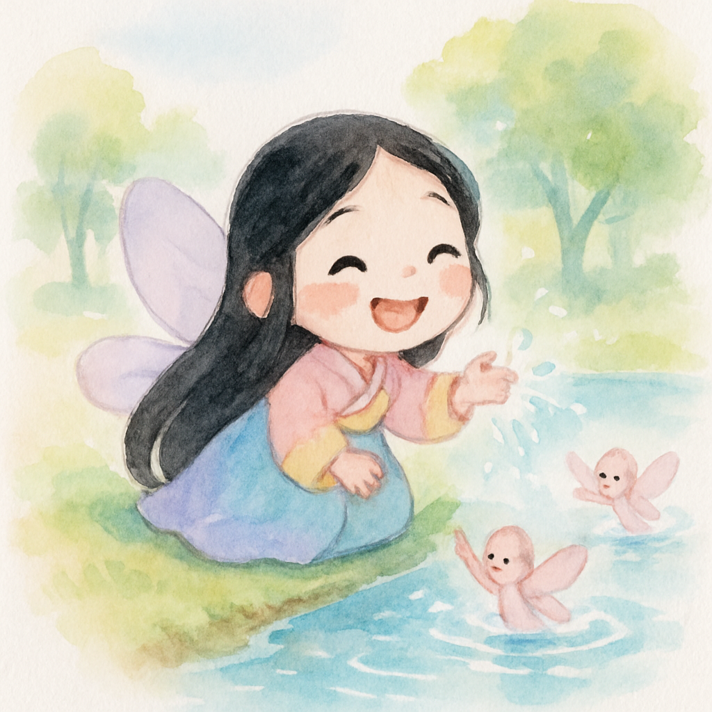 반짝이는 연못에서 물놀이하는 선녀들과 연못가에 놓인 알록달록한 옷들